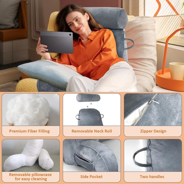 Подушка для читання MINGPINHUIUS XL для ліжка та дивана з знімною подушкою для шиї, ідеальна для дорослих, з піною з пам'яті для комфортного читання, роботи, ігор, перегляду телевізора та відпочинку (Сірий)