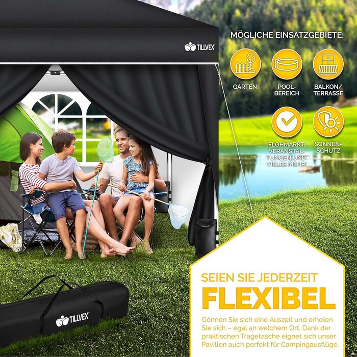 Павільйон Tillvex водовідштовхувальний з 4-ма мішками з піском | Pop-Up павільйон, стабільний та регульований по висоті | Садовий намет з UV захистом 50+ | Павільйон для вечірок з сумкою для саду (антрацит) (3x3м з 4 боковинами, 3 x 3 м, чорний, з 4 стінк