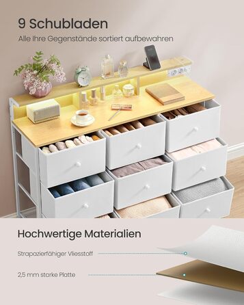 SONGMICS Комод з 9 висувними ящиками та LED-підсвічуванням, з розеткою, сталевий каркас, 33,5 x 114 x 84 см, для спальні/вітальні, білий, LTS519W02