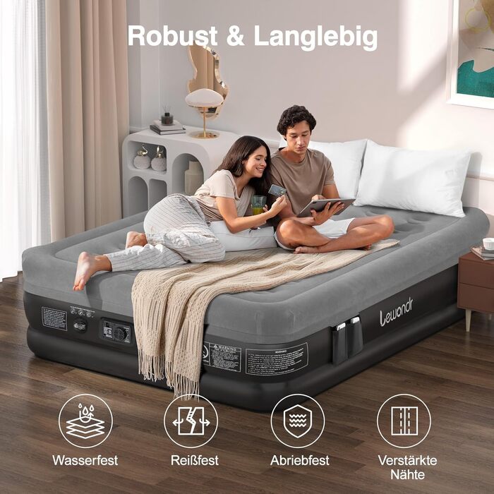 Надувне ліжко Lewondr на 2 особи з вбудованим насосом, 203x152x46 см, сірий колір, 250 кг, для кемпінгу, дому, гостей, подорожей