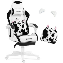 Ігровий крісло з милою формою та подушкою Каваї, ергономічний комп'ютерний ігровий стілець для дівчат з підтримкою попереку та підставкою для ніг, зручне відкидне крісло для підлітків (чорно-білий)