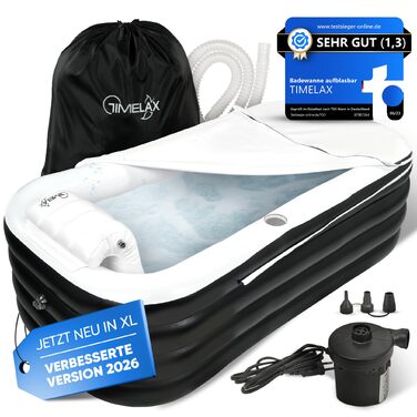 Надувна ванна TIMELAX® XL з ергономічною спинкою, 0,5 мм PVC, без BPA | Мобільна ванна для дорослих, чорна
