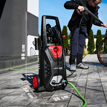 Високотискний мийник LEHMANN Hudson з алюмінієвим насосом, 1800 Вт, макс. 220 бар, продуктивність 450 л/год, комплектація: щітка для тераси, піногенератор, щітка для дисків, ідеальний для миття автомобілів