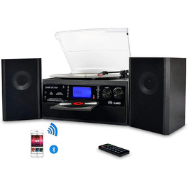 Програвач вінілу з Bluetooth, USB, функцією кодування, CD-програвачем, FM-радіо та касетою, 3 швидкості (33/45/78 об/хв), вбудовані динаміки, мультиколір