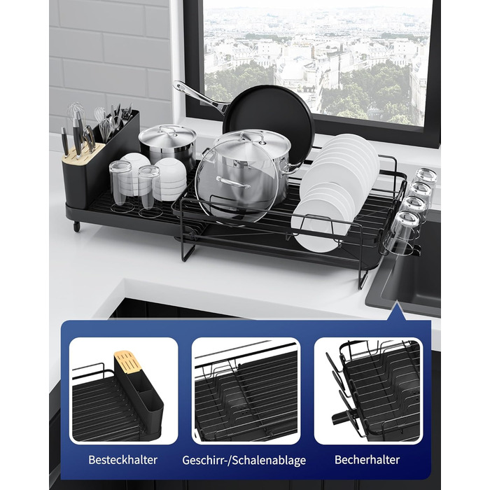 Сушилка для посуду Kitsure, висувна, багатофункціональна, з місцем для столових приборів, 67.8 x 32.7 x 14.9 см, чорна