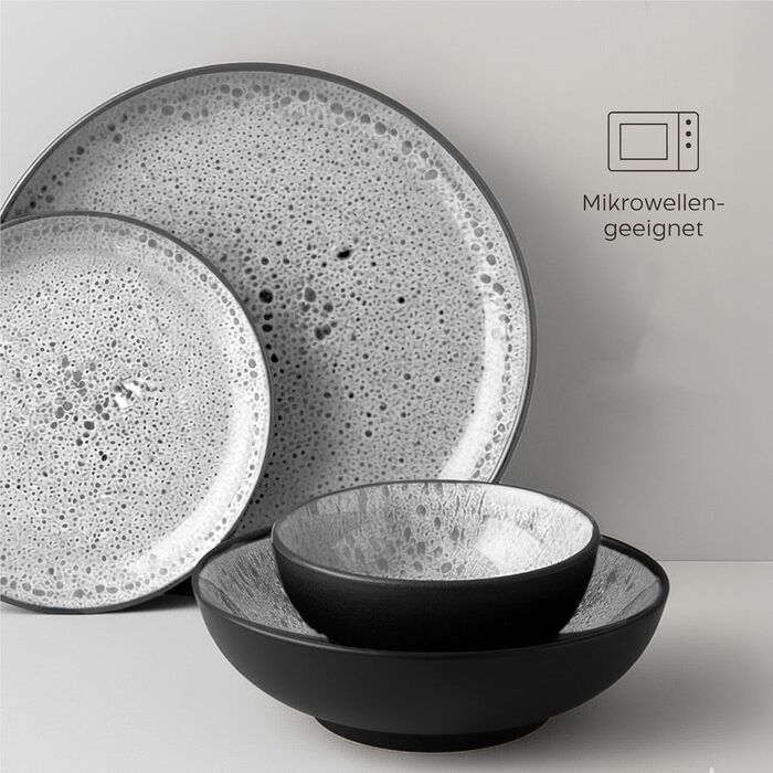 Набір посуду Twinzee Steingut (24 частини) для 6 осіб: тарілки та миски - серія Riviera Perla, з каменю, підходить для мікрохвильової печі