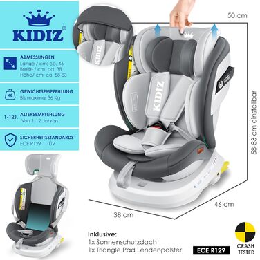 Автокрісло KIDIZ i-Size ECE R129 для дітей 0-12 років (0-36 кг), 360° обертання, Isofix, Top Tether, 5-точкові ремені безпеки, з сонцезахистом