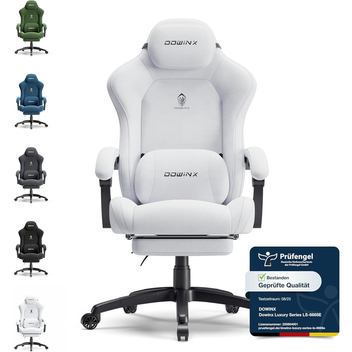 Ігровий крісло Dowinx з регульованою висотою масажного поперекового підтримувача, ергономічний дизайн, м'яка мікрофібра велюр, посилене сидіння, підголовник та підніжка в комплекті, регулювання на 155°, (Білий, Титан)