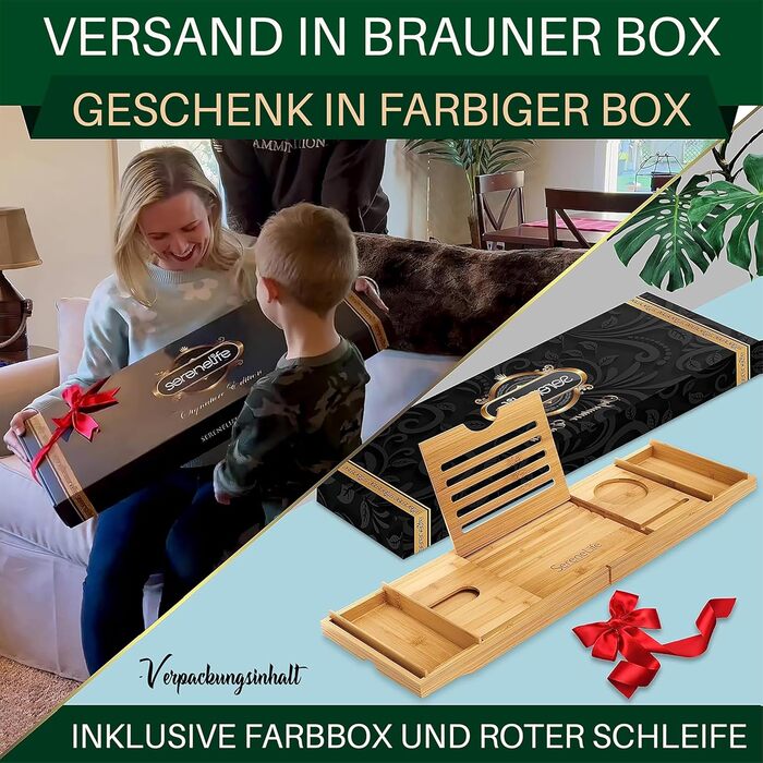 Підставка для ванни та ліжка SereneLife 2-в-1 – складане піднос для сніданку в ліжку та ванній з бамбука, водовідштовхувальний, регульований розмір – дерев'яна підставка для ванни, міцна спинка (складний, міцна спинка, подарунковий набір)