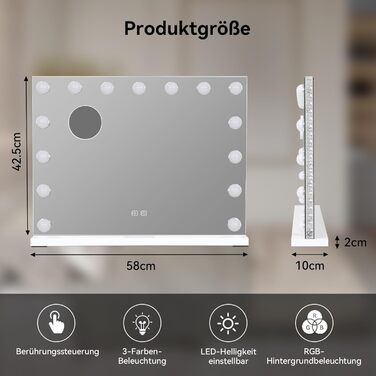 Дзеркало для макіяжу YU YUSING з підсвічуванням 58x45 см, 15 LED, 3 кольори, збільшення 10x, USB Type-C, RGB