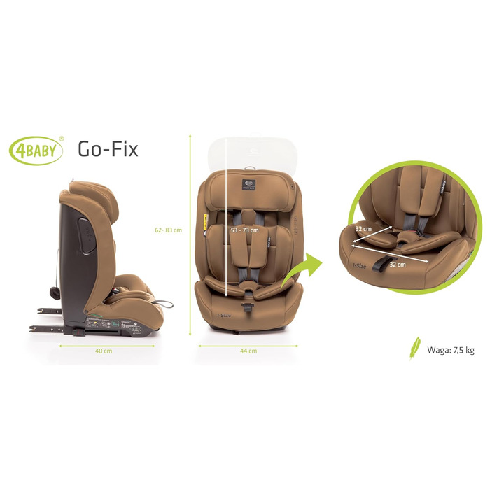 Автокрісло 4BABY Go-Fix Isofix 76-150 см, регульоване, з підкладкою, для дітей, I-Size (Мокко)