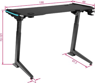 Ігровий стіл зі світлодіодом, регульований по висоті, геймерський стіл з підсклянником і гачком для навушників, 125 x 60 см, комп'ютерний стіл для ПК в карбоновому вигляді, чорний, 404317