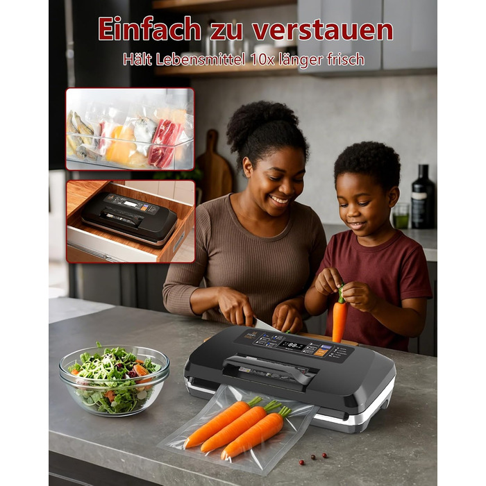 Вакууматор для продуктів 12-в-1, вакуумний пакувальник з подвійним швом, вбудованим різаком та лотком для збору рідини, 95кПа, чорний