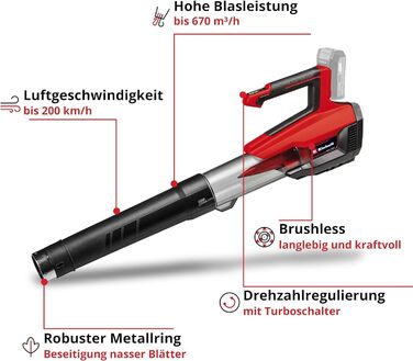 Einhell GP-LB 18/200 Li GK-Solo Акумуляторний повітродув (Power X-Change, 18В, аксіальний вентилятор, 670 м³/год, набір для очищення водостоків, без акумулятора та зарядного пристрою)