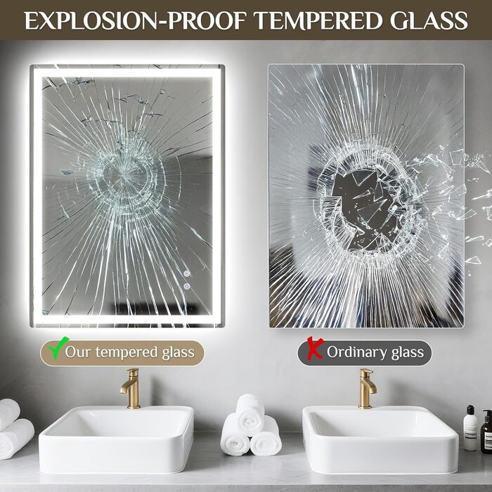 Дзеркало для ванної кімнати з підсвіткою 80x60 см, LED дзеркало з 3 кольорами світла, регульована яскравість, захисне скло, сенсорне управління, функція пам'яті, запобігання запотіванню, 60L x 80B cm