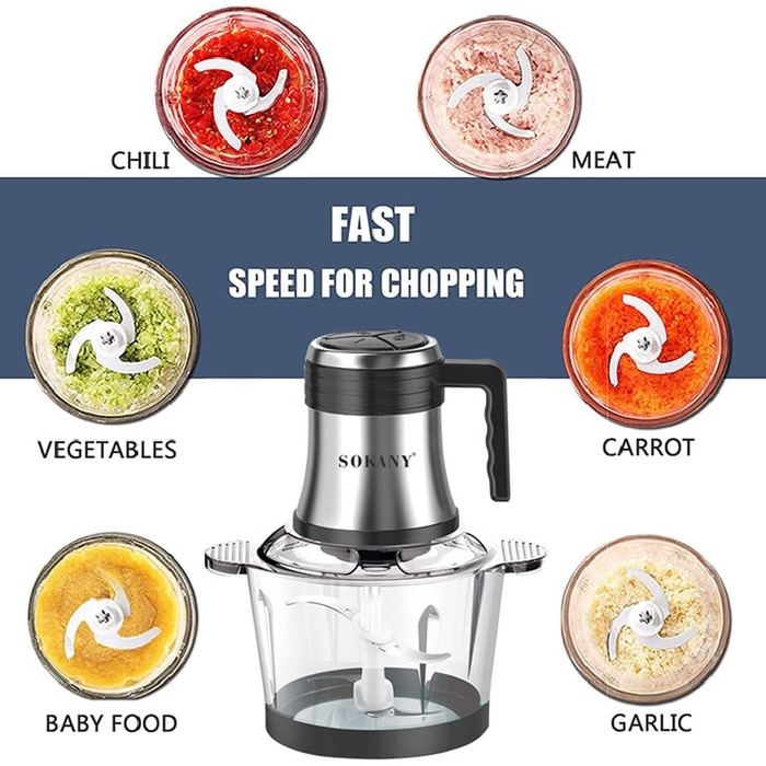 М'ясорубка-подрібнювач Sokany 800W з чашею 3л з нержавіючої сталі, електричний мультиподрібнювач з 2 швидкостями для м'яса, овочів, фруктів