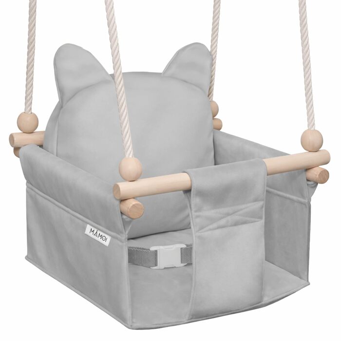 Дитяча гойдалка-колиска MAMOI з ременем безпеки, регульована висота 150-190 см, для дому, стійка конструкція, велюрове сидіння, легкий монтаж, світло-сіра
