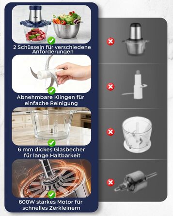 М'ясорубка електрична Bear 2л + 1.8л, подрібнювач зі скляною та нержавіючою сталлю, 600W, 2 швидкості, 4 сталеві ножі для м'яса, дитячого харчування, овочів та фруктів