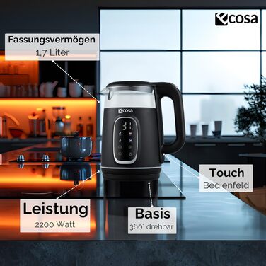 Електричний чайник Ecosa® зі скляною колбою та нержавіючою сталлю, 1,7 л, 2200 Вт, регулювання температури 40°C-100°C, підігрів, LED-підсвічування (Black Pearl)