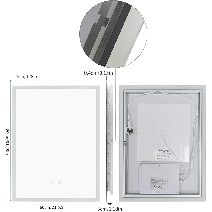 Дзеркало для ванної кімнати LUVODI з підсвічуванням 40x50 см: регульоване LED дзеркало з 3 кольорами світла, сенсорне керування, антизапарник, водонепроникне, настінне, горизонтальне/вертикальне встановлення (80x60 см)