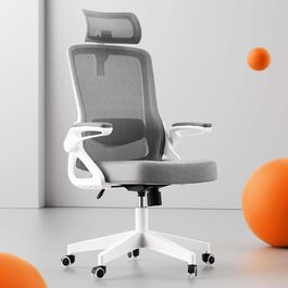 Ергономічне крісло для офісу та геймінгу, широке сидіння, регульовані підлокітники, біло-сіре, 90° підйом підлокітників