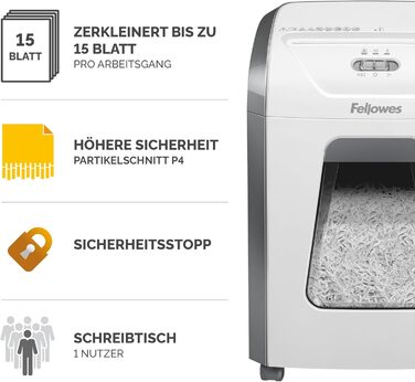 Fellowes Powershred 15C: Офісний шредер для дому, 15 аркушів, 19л контейнер, P4, білий