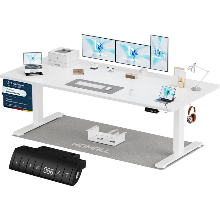 Регульований стіл Homall 200x80 см з USB-портом, електропривод, органайзер для кабелів, пам'ять положень, білий комп'ютерний стіл