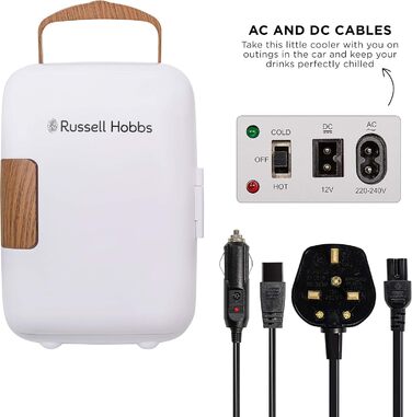 Міні-холодильник Russell Hobbs RH4CLR1001SCW 4L: портативний, AC/DC, для напоїв та косметики, скандинавський стиль, білий з ефектом дерева