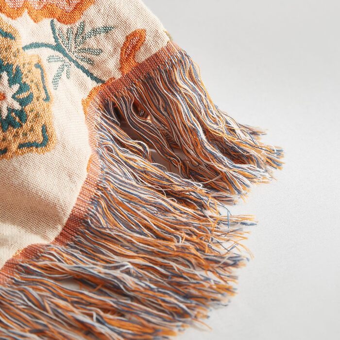 Богемна ковдра Softexly Boho Decke 100% бавовна – двостороння муслінова ковдра 150x200 см, м'яка софа/ліжко, естетичний дизайн, для вітальні та спальні, помаранчевий/зелений (230 x 250 см, Квіткова мелодія)