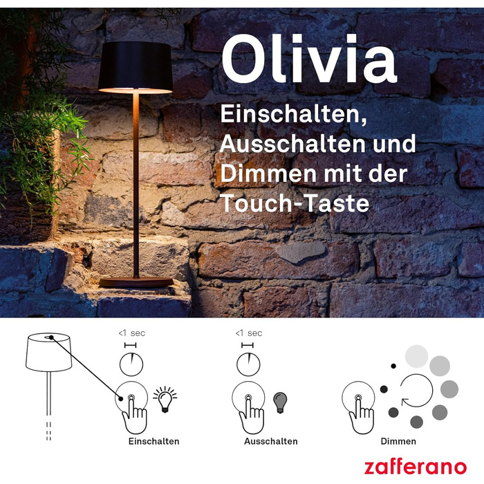Zafferano Olivia Pro: Портативна LED-лампа з торшером, регулювання яскравості, 2200-3000K, Corten, для дому та саду