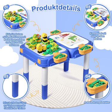 Дитячий стіл Fygurso з кріслом та 90 великих кубиків для конструювання. Трансформується в коробку на колесах. Для дітей від 3 років.