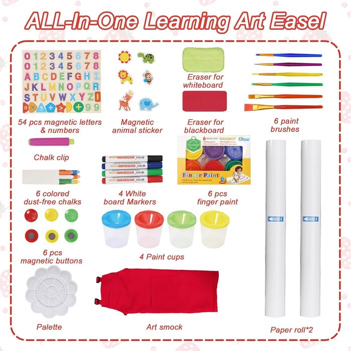 Дитяча мольберт Kinder Staffelei 3 в 1: регульована висота, подвійний бік, з рулоном паперу, 100+ аксесуарів для малювання, для дітей 3-8 років (червоний)