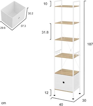 Стелаж WOLTU з 5 полицями та 2 висувними ящиками, 63x187x30 см, світлий дуб + білий