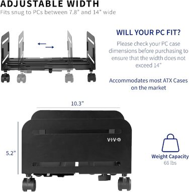 Підставка для ПК VIVO CART-PC01L: мобільна, регульована, для системних блоків ATX, чорна