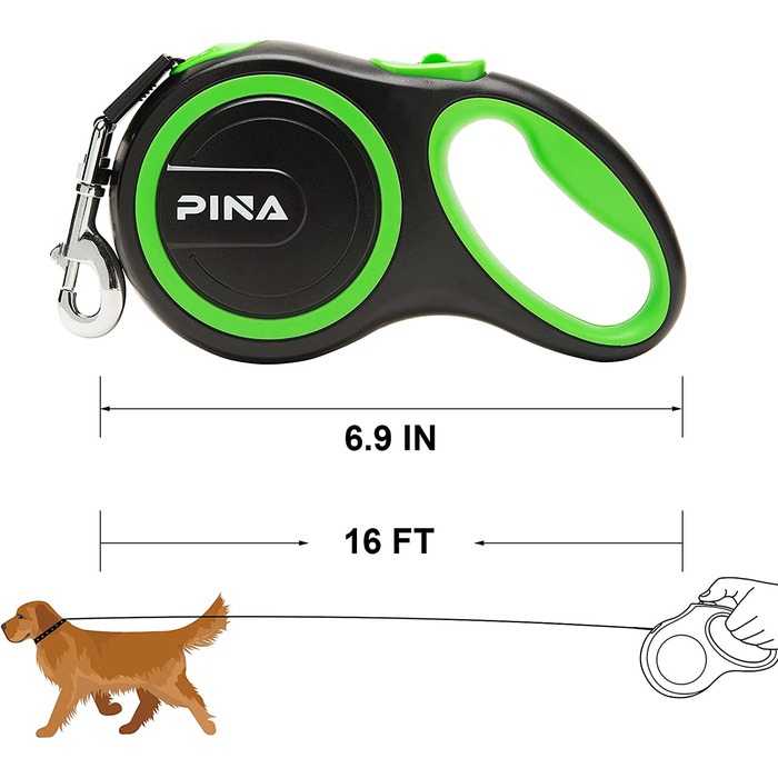 Повідець для собак Pina висувний, 4,8 м, для собак малого і середнього розміру вагою до 25 кг, міцна світловідбиваюча нейлонова стрічка на 360 без сплутування, з нековзним захопленням, розрив, замок-чорний сірий