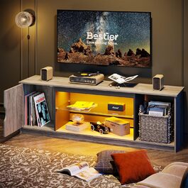 Тумба під телевізор Bestier 145x35x52 см для телевізорів до 65 дюймів з RGB LED-підсвічуванням (22 кольори) та регульованими скляними полицями - низький комод для вітальні, спальні (Сірий)