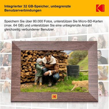 Цифровий фоторамка Kodak WiFi, 8 дюймів, IPS сенсорний екран, 32GB, автоматичне обертання, коричневе дерево
