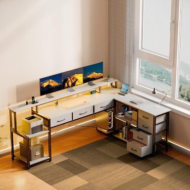 Кутовий стіл з ящиками, геймінговий стіл з розеткою, LED та підставка для монітора, 200 x 146 см, 7 тканинних ящиків, комп'ютерний стіл для офісу, робочого кабінету, спальні (Білий)