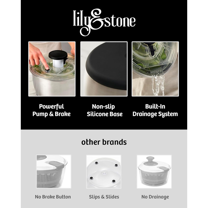 Salatschleuder Lily & Stone з нержавіючої сталі: велика, з піддоном та ситом. Швидке та легке сушіння салатів, овочів, фруктів, пасти та картоплі фрі.