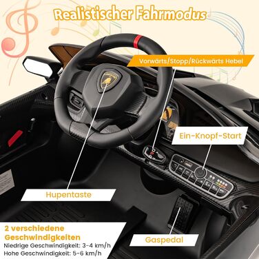 Дитячий електромобіль Lamborghini COSTWAY з пультом, LED фарами, музикою, для дітей від 3 років, чорний