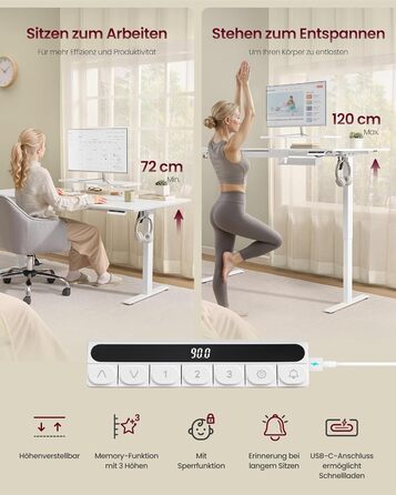 Регульований стіл VASAGLE з підставкою для монітора, шухлядою та USB-C, нагадування про перерви, 160 x 80 см, Wolkenweiß