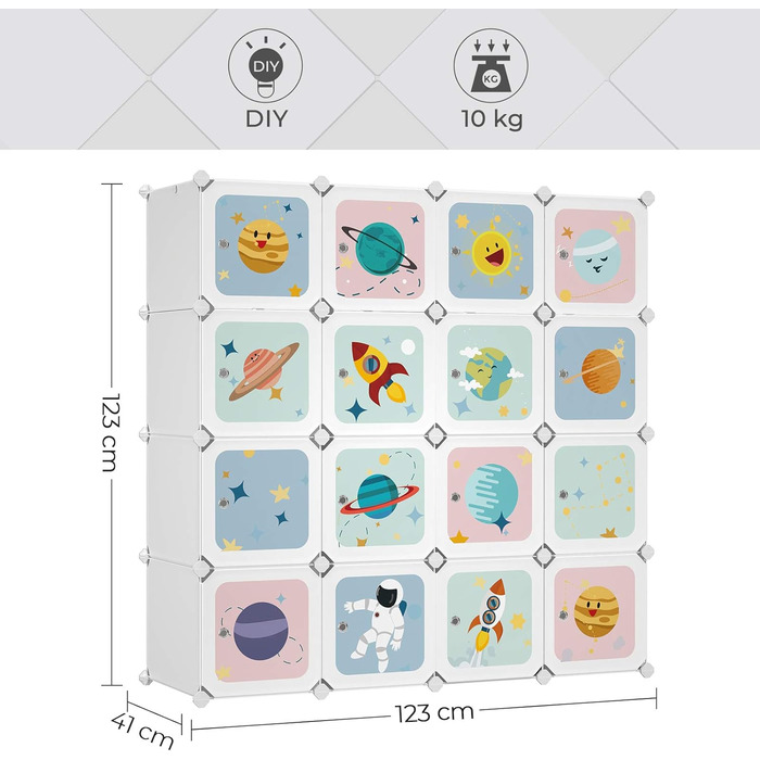 Шафа-купе, шафа для зберігання речей своїми руками, для підвішування одягу, для дітей, з 16 кубиками, 4 підвісними штангами, 123 x 41 x 123 см, біла LPC905W01