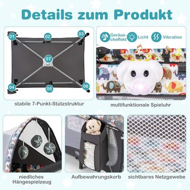 Дитяче ліжко-манеж DREAMADE 102x72 см, 3 в 1 з матрацом, москітною сіткою та пеленальним столиком, для немовлят та дітей 0-36 місяців (кольоровий)