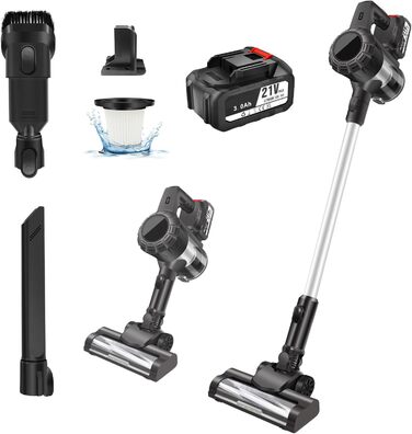 Акумуляторний пилосос 10-15Kpa з 2 режимами, 2 x 3000mAh акумулятори, 140W, LED-щітка, 2-в-1, довга насадка, ручний пилосос з 2 акумуляторами