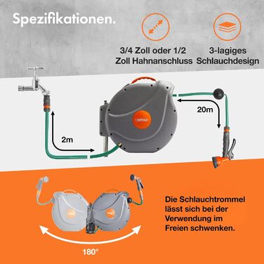 Шланг-змотчик VonHaus 30м з автоматичним підйомом, поворотний на 180°, з пістолетом для поливу (20м)
