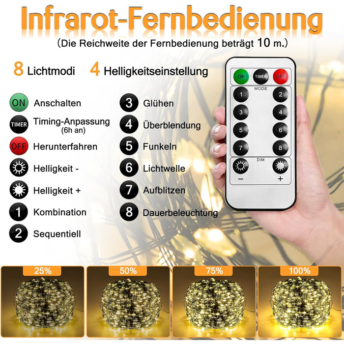 Льохтерна LED 100м з мідного дроту, 1000 LED, 8 режимів, IP44 (водостійка), з пульт та таймером, для прикраси на Різдво, в приміщенні та на вулиці, DIY, тепле біле світло