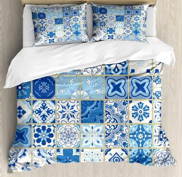 Набір підковдр для односпальних ліжок, Porto Ceramic Art Motif, захист від кліщів для алергіків підходить з наволочкою, (230 x 220 см - 70 x 50 см, білий, синій, сірий, жовтий)