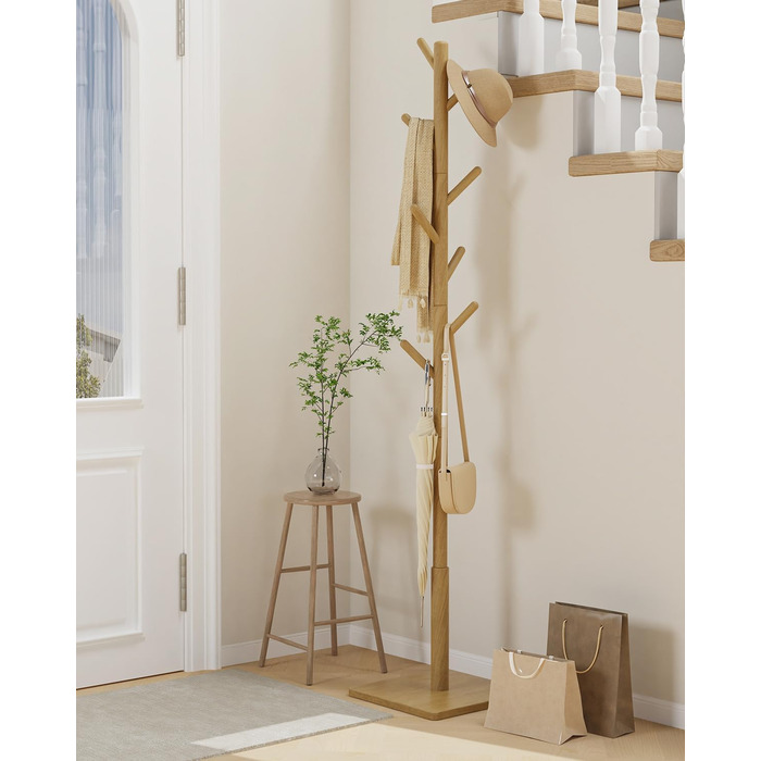 Вішалка для одягу Yawinhe у вигляді дерева з антиковзним покриттям, з масиву дерева, 180 см, 8 гачків, 3 регульовані висоти, для передпокою, 1 шт.