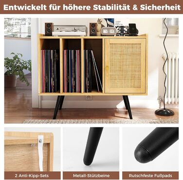 COSTWAY Стійка для програвача з зарядкою, стіл для зберігання вінілових платівок, меблева шафа з ротангу та дерева, підставка для 220 платівок, 80 x 40 x 65 см (натуральний колір)