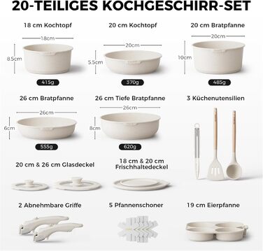 Набір посуду YASHE 20 предметів: каструлі та сковорідки з знімними ручками, антипригарне покриття, індукційний, до 230°C, для миття в посудомийній машині, сірий та білий
